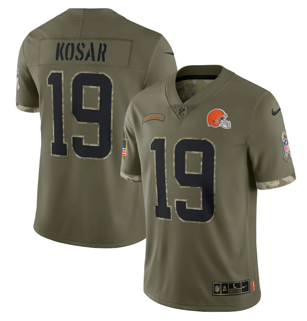 Men's Cleveland Browns #19 Bernie Kosar Olive 2022 Salute To Service Limited Stitched Jersey